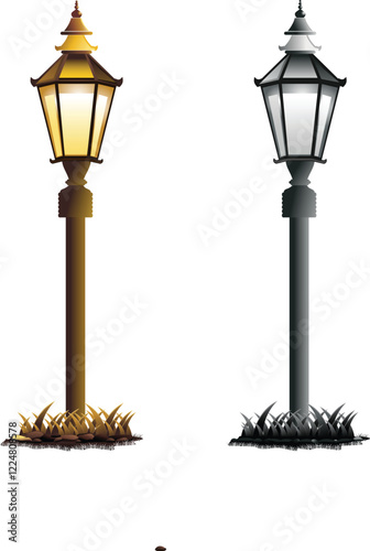 VECTOR IMAGE OF 2 GARDEN LANTERNS IN GOLD AND BLACK AND WHITE