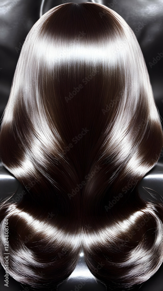 Fototapeta premium Shiny, Healthy Brown Hair Flows Smoothly Downward, Curving Elegantly on a Dark Surface