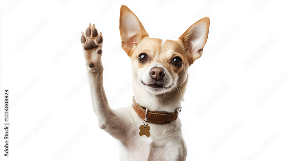 Chihuahua sitting upright with one front leg raised, wearing a brown leather collar with a tag. Chihuahua sitting upright with one front leg raised, wearing a brown leather collar with a tag.