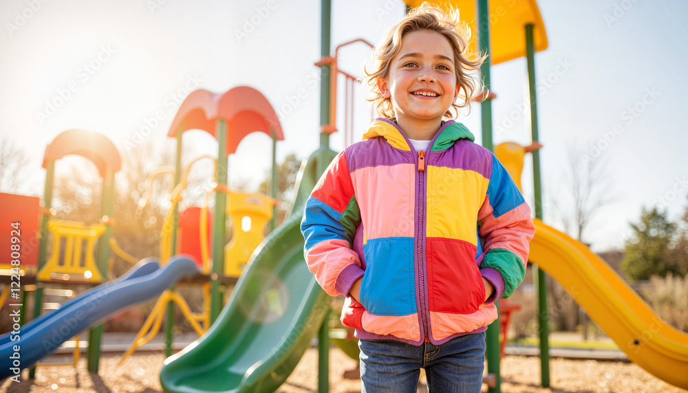 Fototapeta premium Joyful child playing at vibrant playground with sunlight, childhood happiness