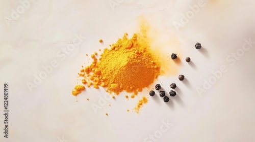 Orange turmeric powder in a pile with black pepper scattered around on a white kitchen tabletop. Anti-inflammatory seasoning photo