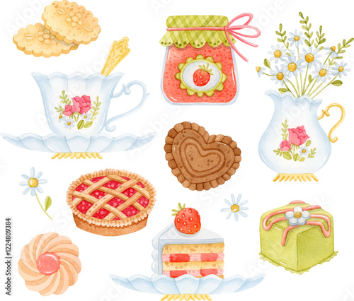Watercolor tea party elements set. Teacup on a saucer with a spoon, strawberry jam, cookies, desserts, chamomile bouquet in a creamer