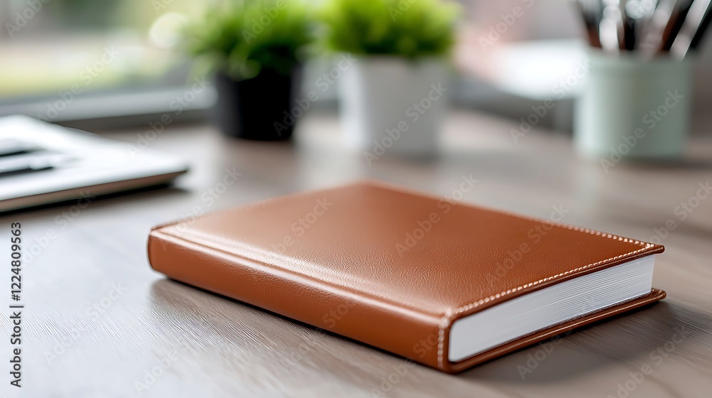 Brown Leather Notebook on Wooden Desk Brown Leather Notebook on Wooden Desk