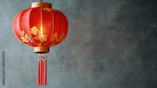 A Vibrant Red Chinese Lantern Illuminated Against a Subtle Gray Background, Perfectly Showcasing Traditional Design Elements and Cultural Significance photo