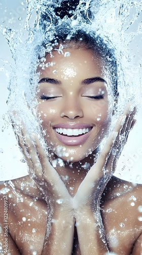 Smiling Woman Washes Face w...