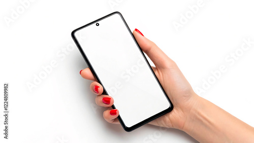 Woman's hand with a stylish red manicure holding a modern smartphone with a blank white screen, perfect for a mockup on an isolated white background