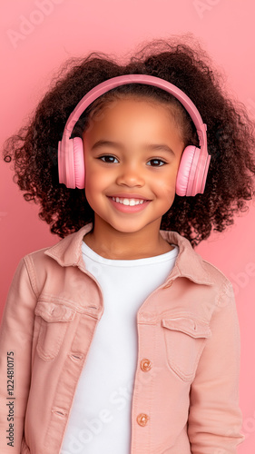 Adorable Girl in Pink Jacket with Headphones