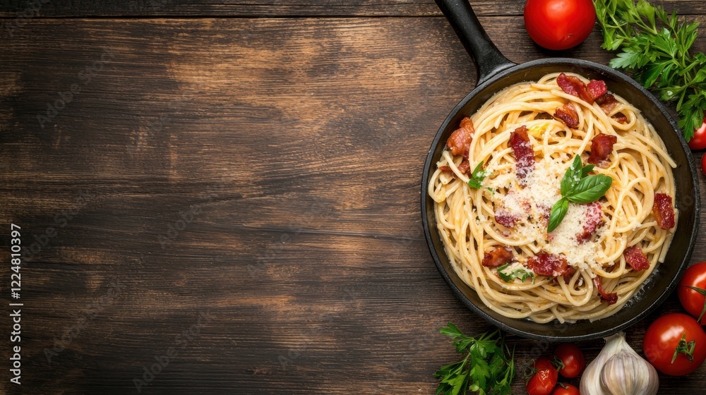 Vibrant Spaghetti Carbonara Served in a Black Frying Pan with Ingredients on a Rustic Wooden Table Vibrant Spaghetti Carbonara Served in a Black Frying Pan with Ingredients on a Rustic Wooden Table