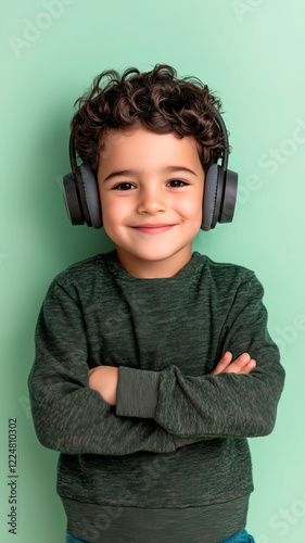 Confident Boy in Green Sweater Wearing Headphones
