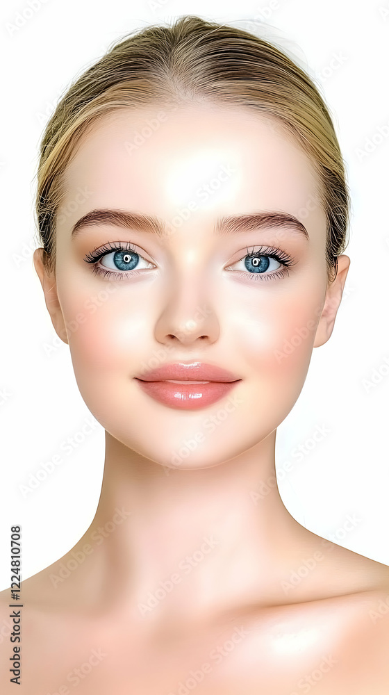Fototapeta premium Portrait of a Young Woman with Smooth Skin and Blue Eyes Gracefully Posing on a White Backdrop