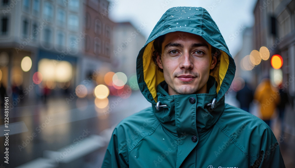 Young man smiling in waterproof raincoat on rainy city street, resilience Young man smiling in waterproof raincoat on rainy city street, resilience