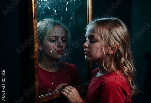 Sad teenage girl in depression in front of broken mirror, low key image photo