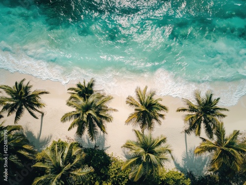 Tulum, Mexico picturesque coastline with iconic palm trees swaying in the breeze, vibrant turquoise water, and a hint of jungle.