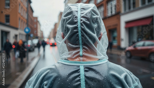 Transparent rain jacket observed on rainy street scene, urban mood