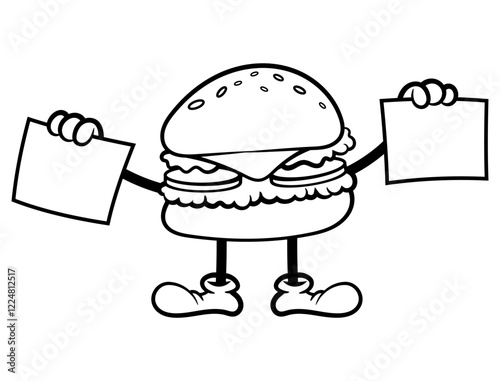 Hamburgers cartoon characters carrying signboard for Big sale. Best for outline, logo, sticker, and coloring book with streetfood themes photo