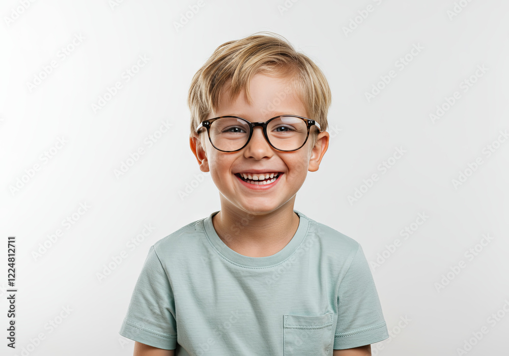 Portrait of a laughing boy of 6-7 years old in a T-shirt on a light background Portrait of a laughing boy of 6-7 years old in a T-shirt on a light background
