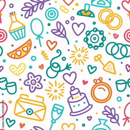 Colorful doodle seamless pattern with wedding elements.