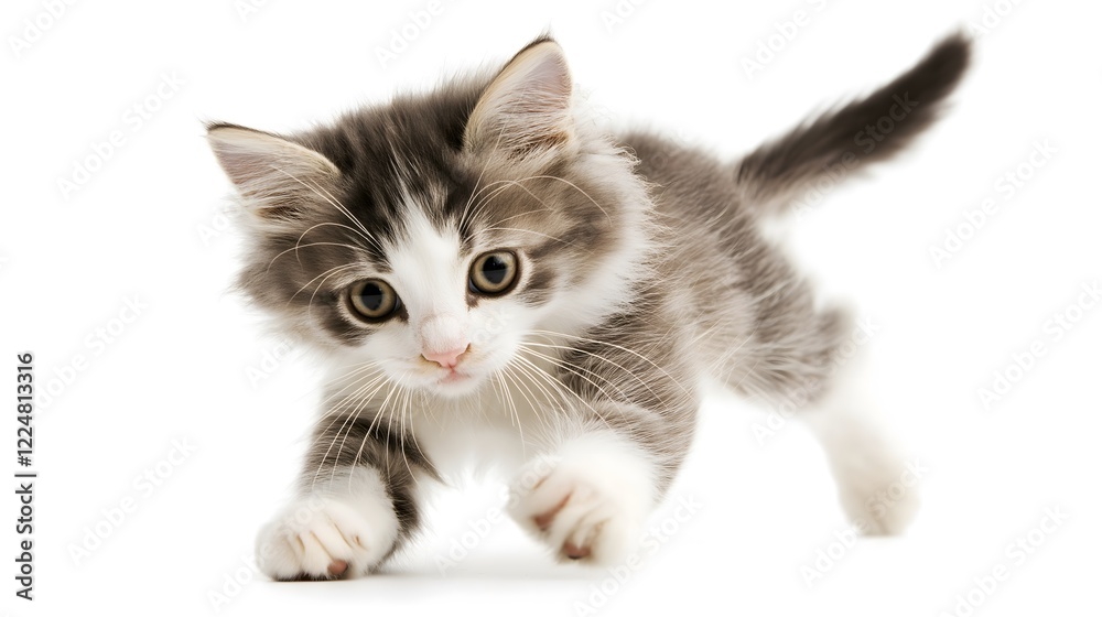 Obraz premium A playful Ragamuffin cat with a soft coat and gentle personality, displaying its calm nature and adorable features, isolated on a white background, ideal for cat lovers and those seeking a friendly