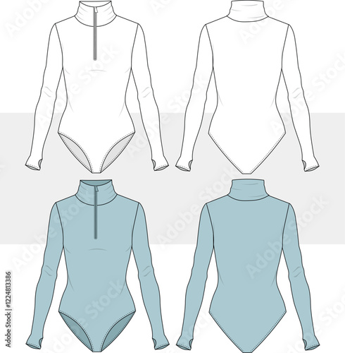 Women's roll Neck Bodysuit technical fashion illustration. Long Sleeve Bodysuit fashion flat technical drawing template, zipper, slim fit, front and back view, CAD mockup.