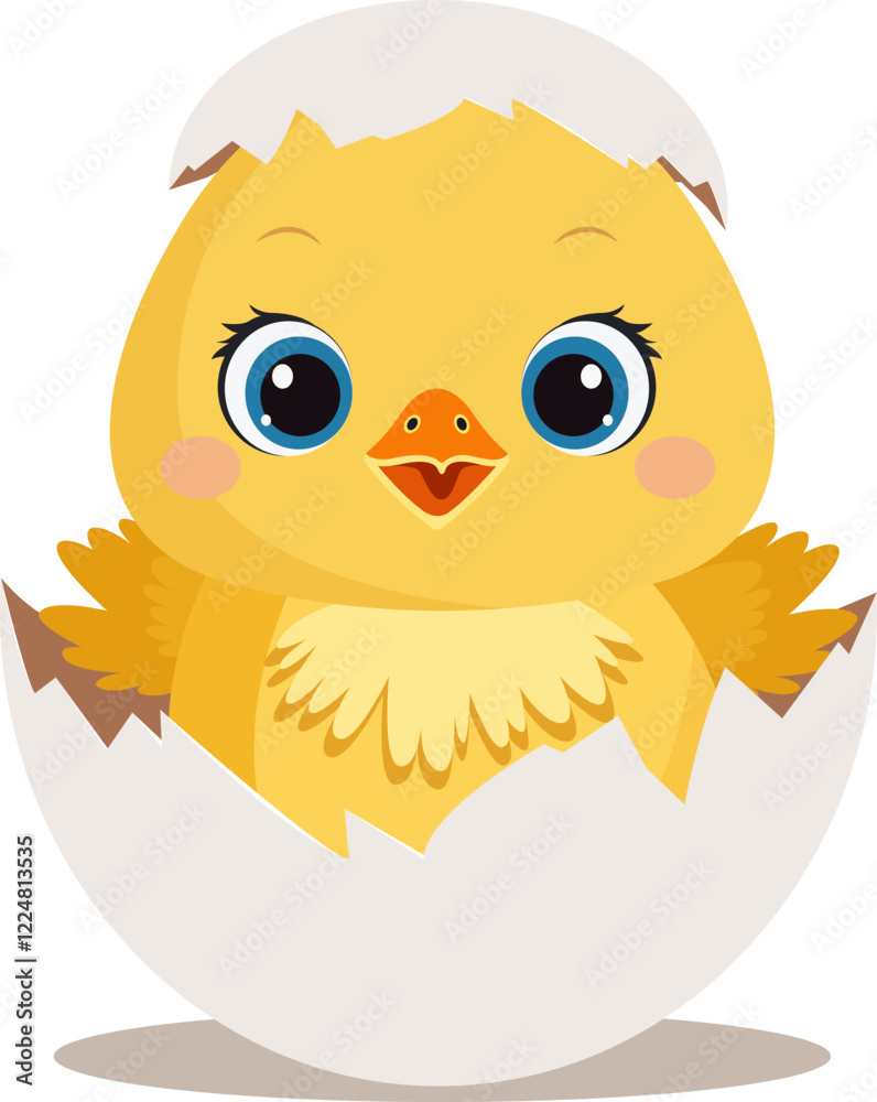Cute little chick in cracked egg vector graphic illustration. Easter themed, yellow chicken cartoon with cracked eggshell, isolated on orange. Vector illustration in flat design