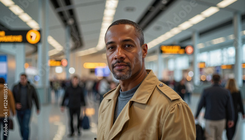 Confident Black man in trench coat at busy airport terminal, travel style photo