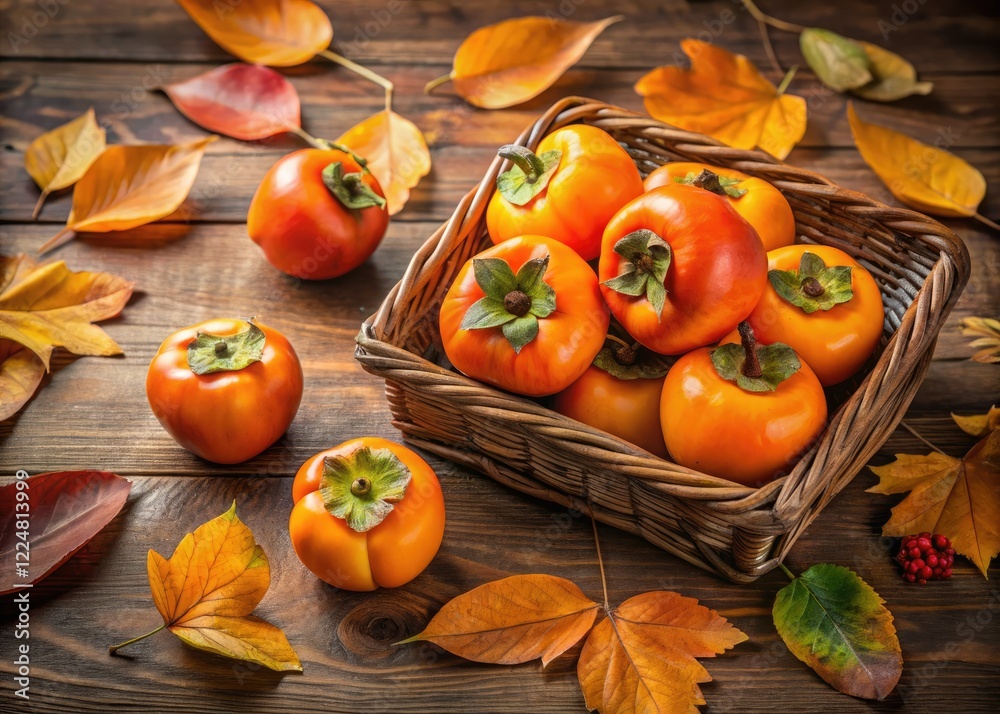 Rustic basket overflowing with juicy persimmons, vibrant autumn leaves adding a splash of color. Rustic basket overflowing with juicy persimmons, vibrant autumn leaves adding a splash of color.