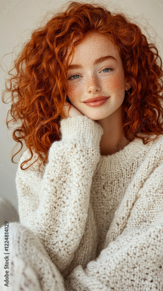 Portrait of a freckled redhead woman in a cream sweater