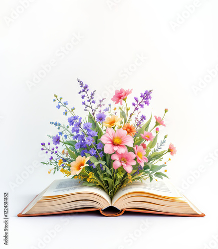 Illustration of blooming spring flowers intertwined with open books on a crisp white background, evoking a sense of learning and natural beauty