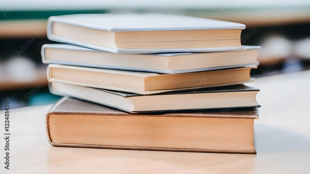 Stack of Books Sit on a Wooden Table in a Blurred Library Setting, Ready for Reading. Stack of Books Sit on a Wooden Table in a Blurred Library Setting, Ready for Reading.
