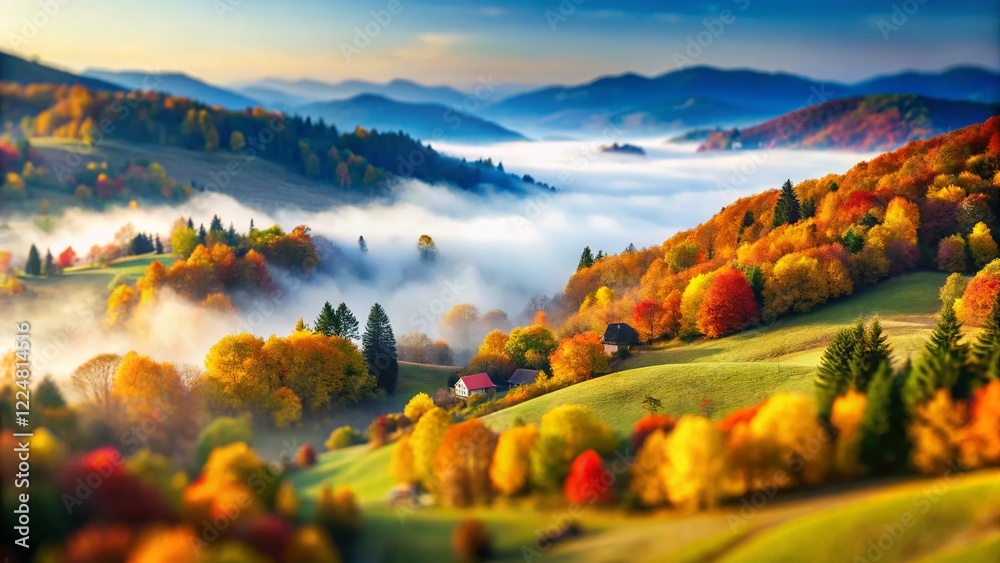 Obraz premium Misty Autumn Mountain Landscape: Breathtaking Tilt-Shift Wallpaper Background