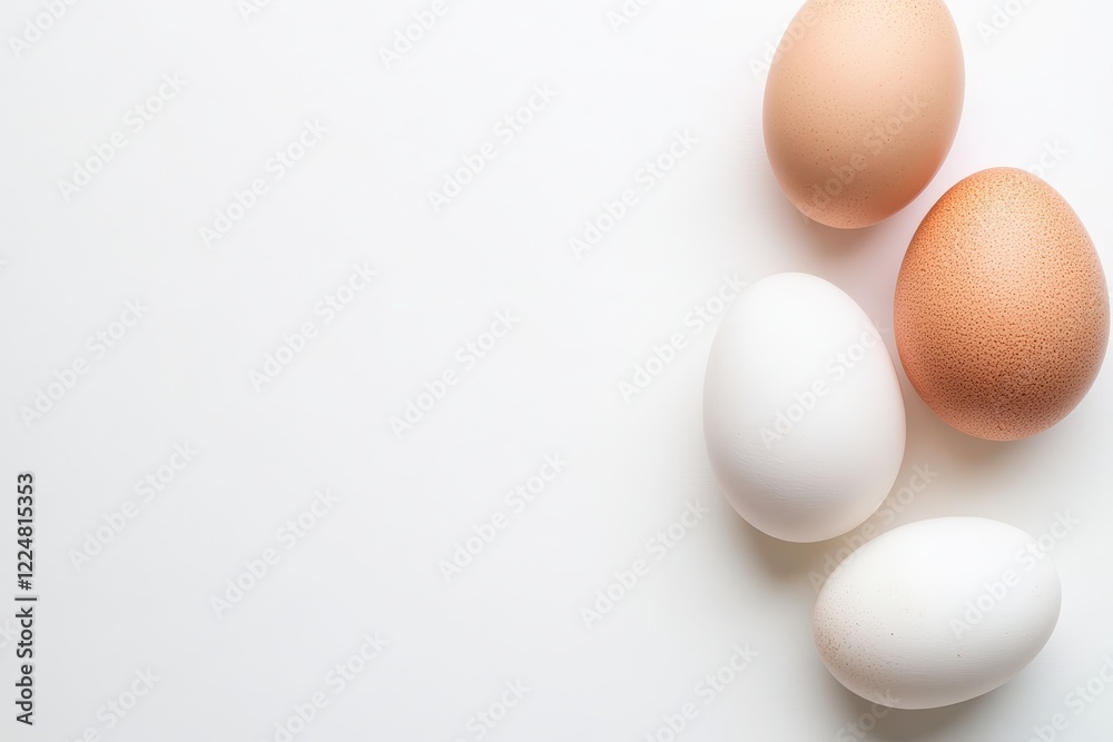 Fresh eggs, white background, copy space, food photography, recipe Fresh eggs, white background, copy space, food photography, recipe