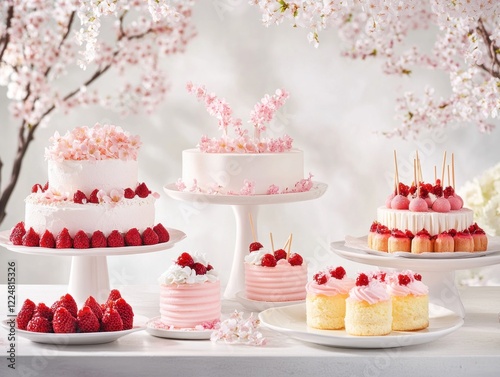 Sakura themed dessert display with elegant cherry blossom decorations for special occasions photo