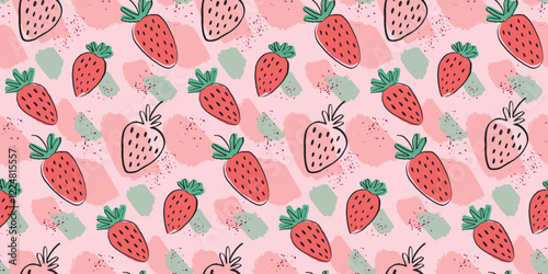 Seamless pattern background with cute simple hand drawn strawberries. Children wallpaper, print, textile design