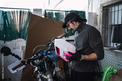 Obraz na płótnie Hombre moreno con gafas poniendo a punto moto de cross para usar en el campo w salonie