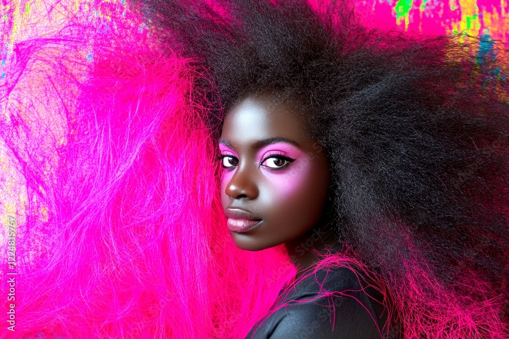 Fototapeta premium Long hairdo - gorgeous bush hair. Commercial digital ads conceptual art. Gorgeous calm black girl - for ads, advertisement and web banner use. African beauty portraits. Woman advertising.