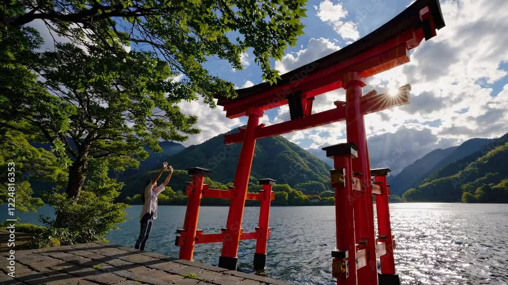 Serene yoga practice near traditional Japanese torii gate, performing meditative poses on tranquil lake shore with dramatic sunburst illuminating scenic landscape Serene yoga practice near traditional Japanese torii gate, performing meditative poses on tranquil lake shore with dramatic sunburst illuminating scenic landscape
