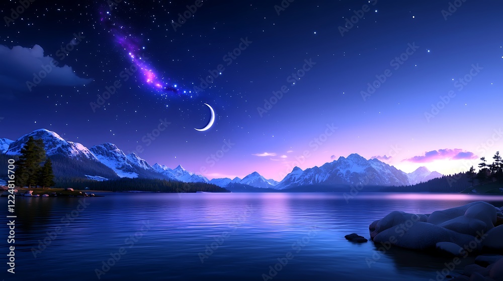 Serene Nightscape Crescent Moon Over Snowy Mountains and Tranquil Lake Serene Nightscape Crescent Moon Over Snowy Mountains and Tranquil Lake