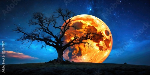 Silhouetted tree against a super blue blood moon; a stunning astrophotography documentary captures the celestial event.