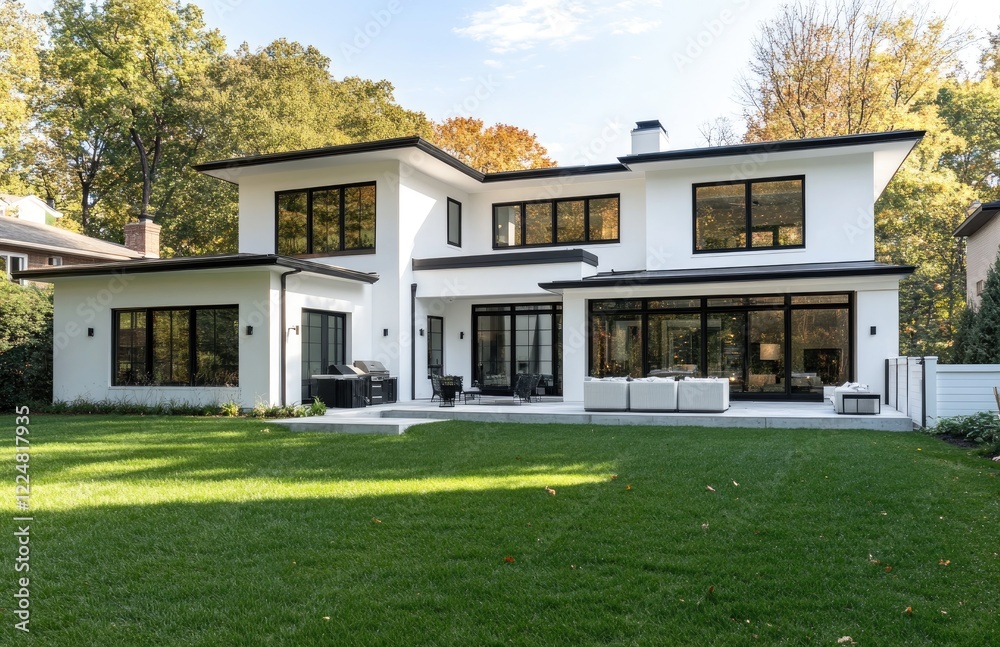 Modern home with a large backyard in Miami, white walls and black windows, a grassy yard with a white fence, and a blue sky Modern home with a large backyard in Miami, white walls and black windows, a grassy yard with a white fence, and a blue sky