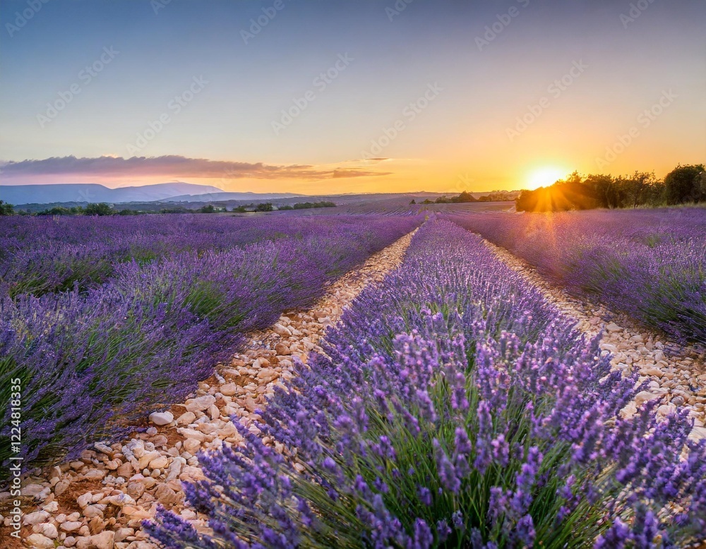 Naklejka premium Scenic Sunset Over Violet Lavender Fields in Provence, France, Capturing Summer's Blooming Beauty