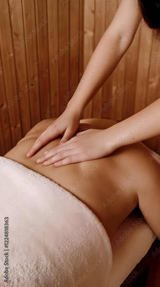 Fototapeta premium Therapist Gives Relaxing Back Massage in Wooden Sauna Room with Soft Lighting Gently