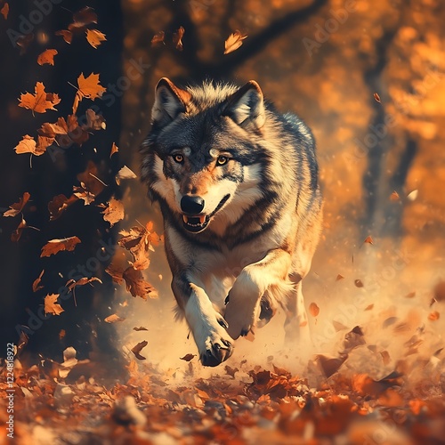 Majestic wolf stalking vibrant autumn forest surrounded glowing golden leaves in dramatic serene soft light photo