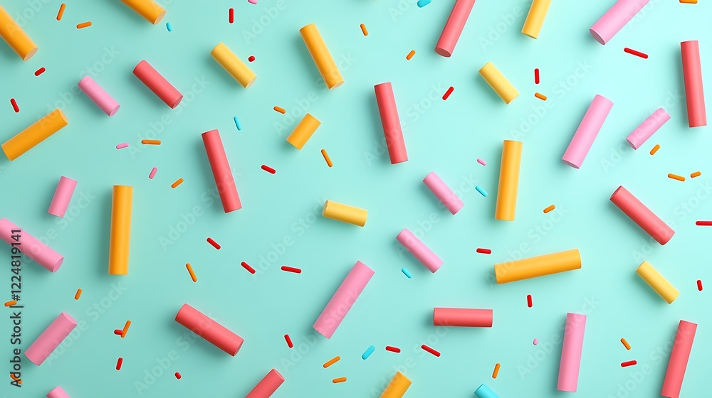 Colorful Cylindrical Shapes and Sprinkles on a Soft Blue Background for Creative Designs and Celebrations Colorful Cylindrical Shapes and Sprinkles on a Soft Blue Background for Creative Designs and Celebrations