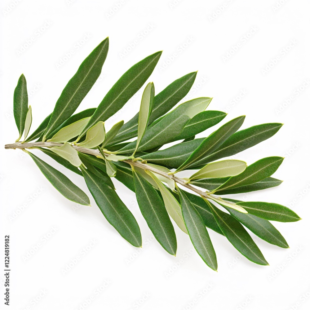 Fototapeta premium Olive branch with green leaves on white background studio shot for nature and food concepts