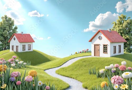 Illustration of village white houses and paths between the summer day