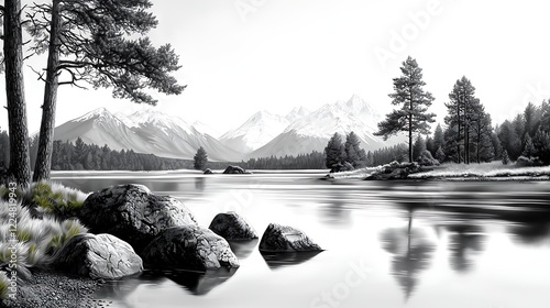Serene Winter Lake and Snow Covered Mountains Landscape