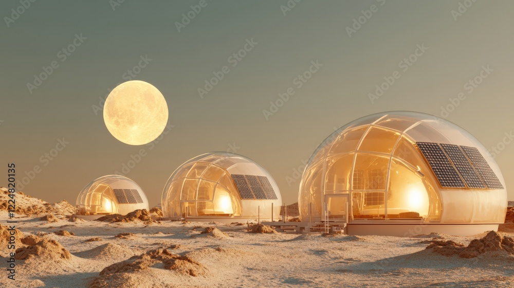 Fototapeta premium Futuristic Habitats on the Moon: Exploring Innovative Dome Structures for Sustainable Living in a Lunar Environment