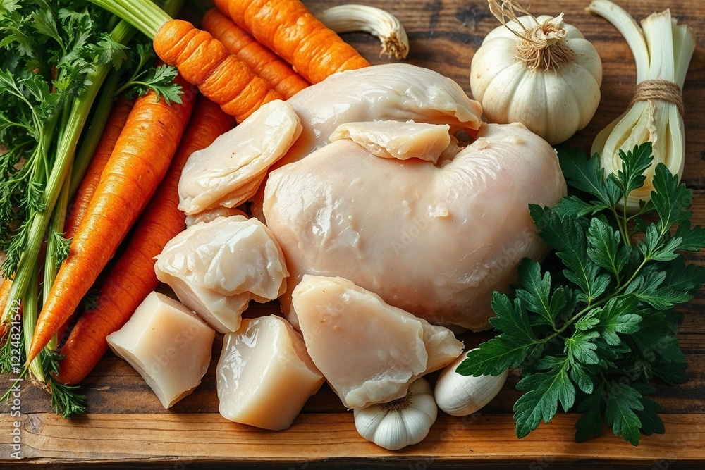 Raw chicken with fresh vegetables and herbs for cooking

