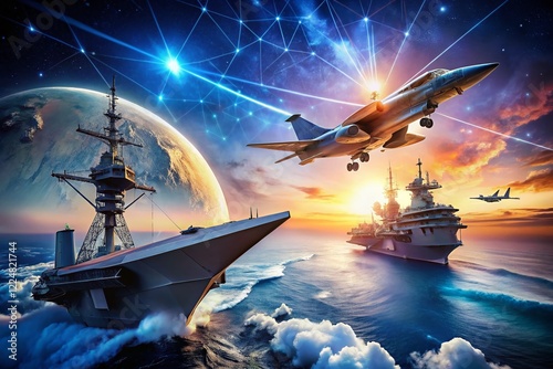 Fototapeta Naklejka Na Ścianę i Meble -  Modern Military Technology: Fighter Jets, Ships, Satellites & Global Communication Network