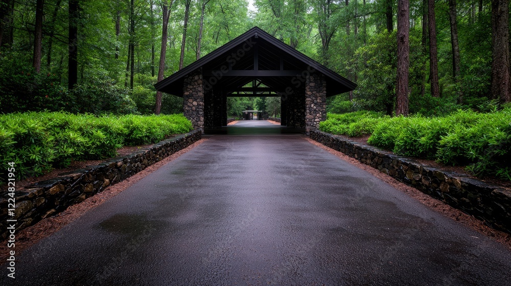 Rainy day entrance to a forest park pathway Rainy day entrance to a forest park pathway